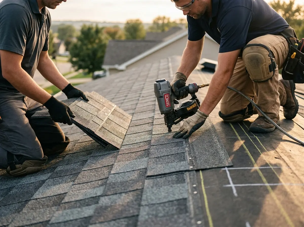 Professional roofer working on a residential roof in Hutchinson